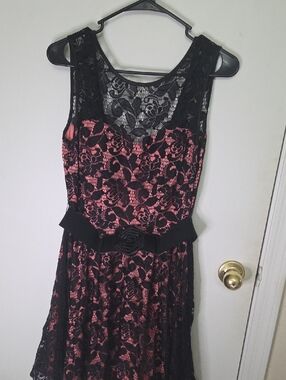 Black Lace Overlay Pink Dress with Floral Belt